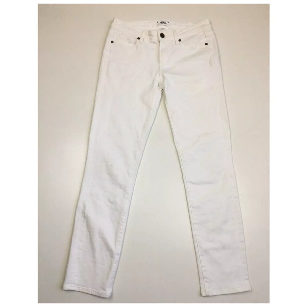 PAIGE Optic White Skyline Skinny Peg 5 Pocket Logo Hardware Jeans